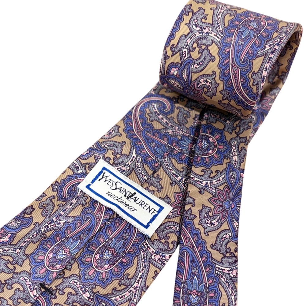 Yves Saint Laurent Mens Silk Tie Tan Blue Purple Paisley Vintage Made in USA